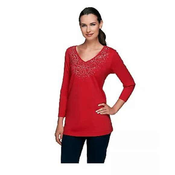 Quacker Factory Womens 3X Indigo V-neck T-shirt with Animal Rhinestone Detail NW - Picture 2 of 4